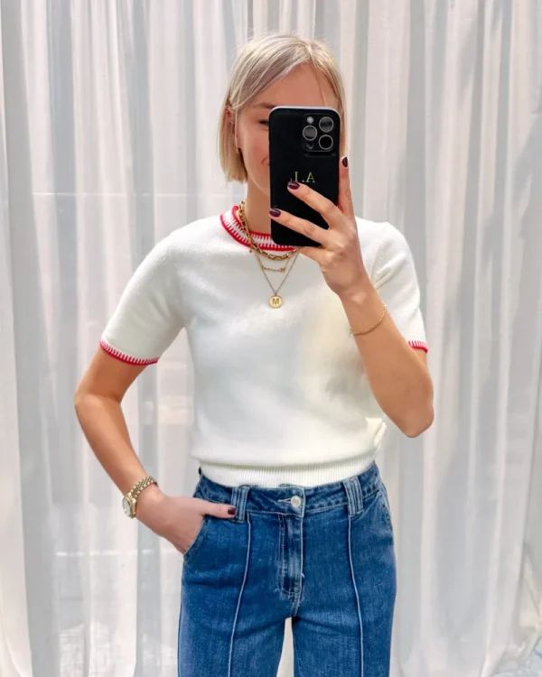 By Lenz Sweaters | ADA SHORT SLEEVE KNIT - WHITE/RED