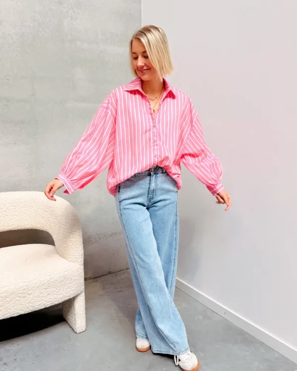 By Lenz Tops | CANDY STRIPED SHIRT - PINK/ECRU
