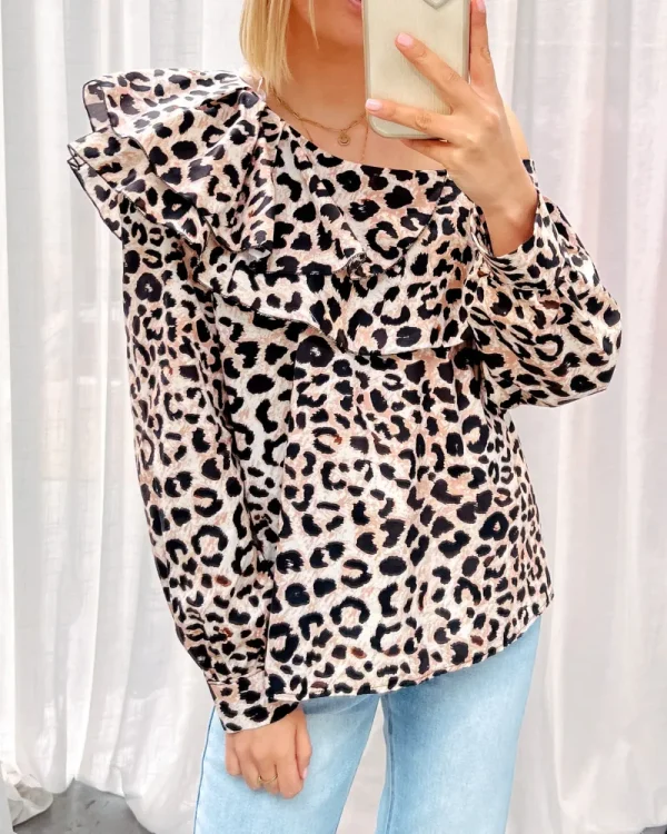 By Lenz Tops | LONG SLEEVE RUFFLE ONE SHOULDER BLOUSE - LEOPARD