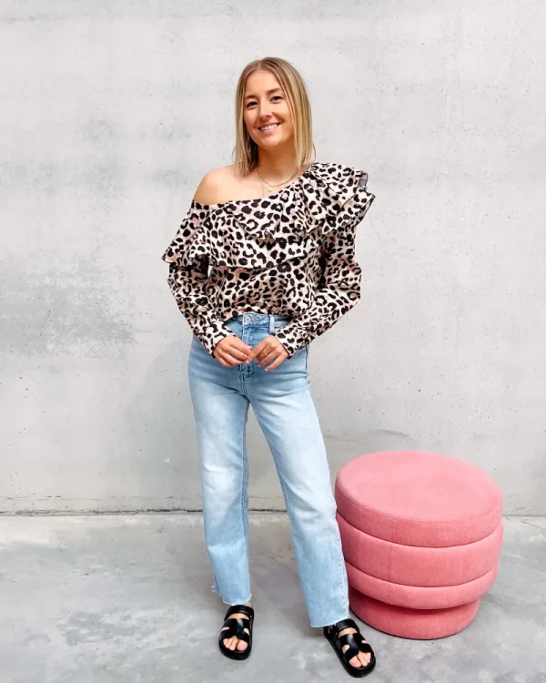 By Lenz Tops | LONG SLEEVE RUFFLE ONE SHOULDER BLOUSE - LEOPARD