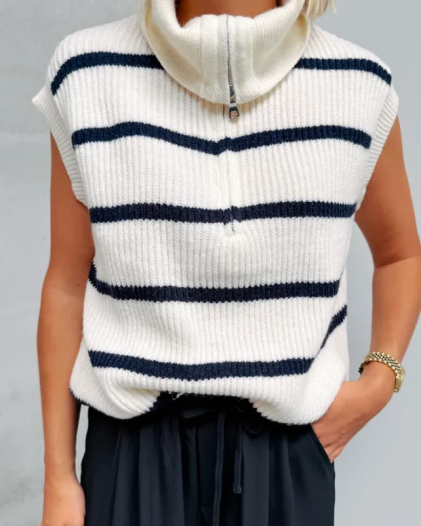 By Lenz Sweaters | SLEEVELESS STRIPED ZIP KNIT - WHITE/BLUE