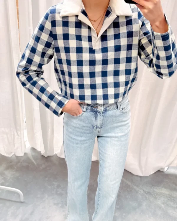 By Lenz Tops | THALIA CHECKED BLOUSE - BLUE/CREAM
